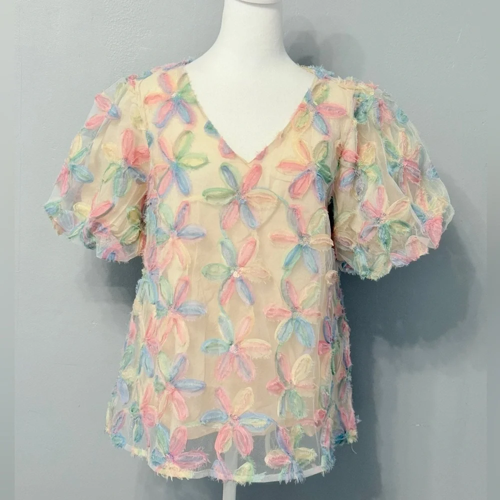 #5)  Umgee Pastel Floral Sheer Blouse